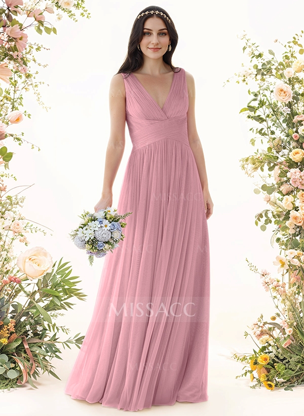 A-Line V-Neck Sleeveless Floor-Length Chiffon Bridesmaid Dresses