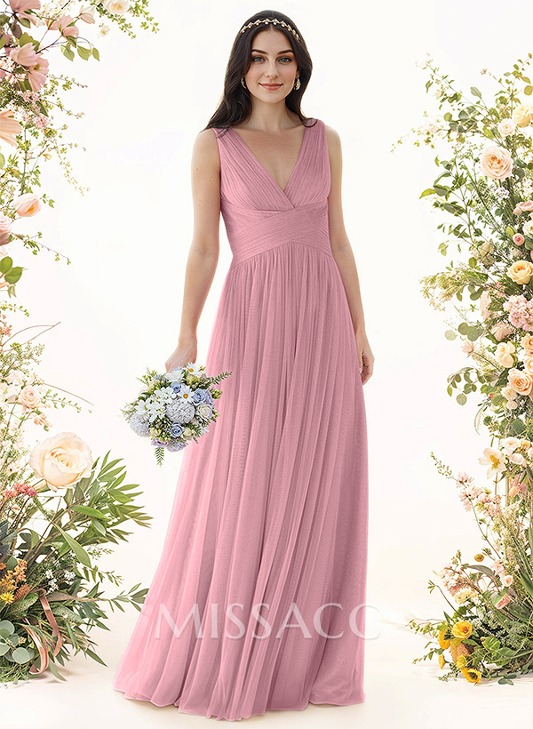 A-Line V-Neck Sleeveless Floor-Length Chiffon Bridesmaid Dresses
