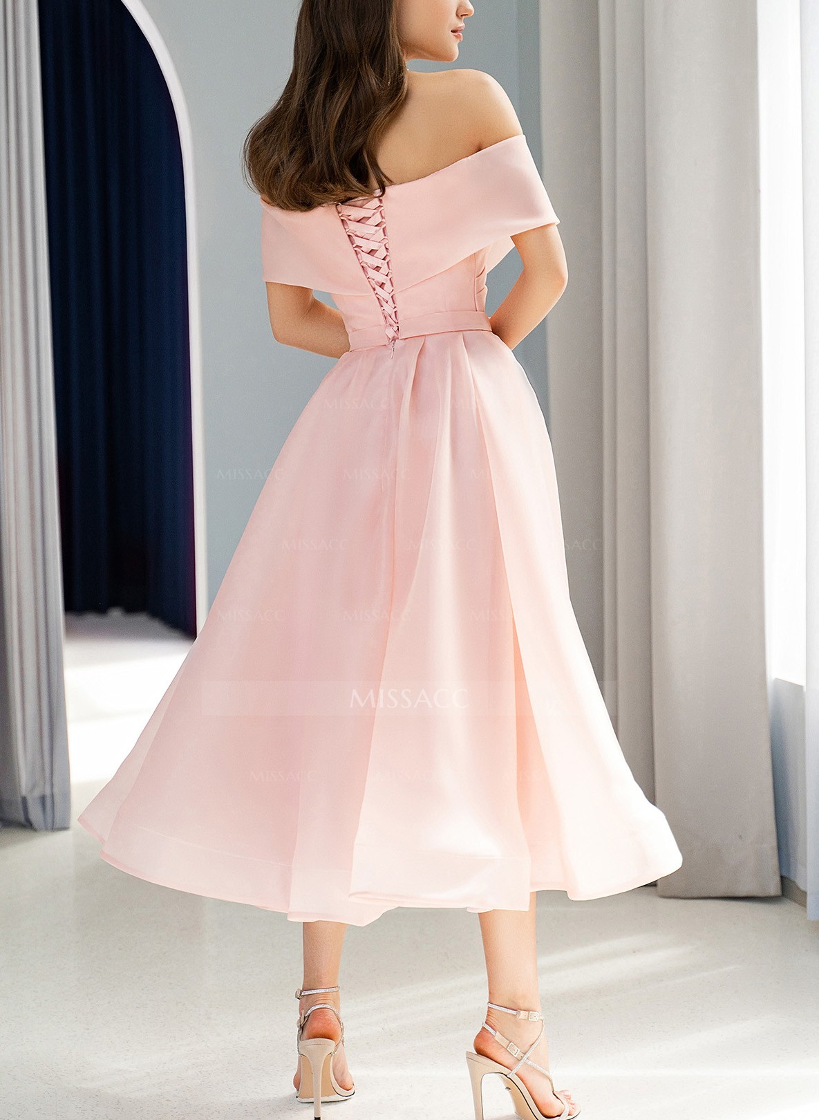 A-Line Off-The-Shoulder Short Sleeves Tea-Length Organza Bridesmaid Dresses
