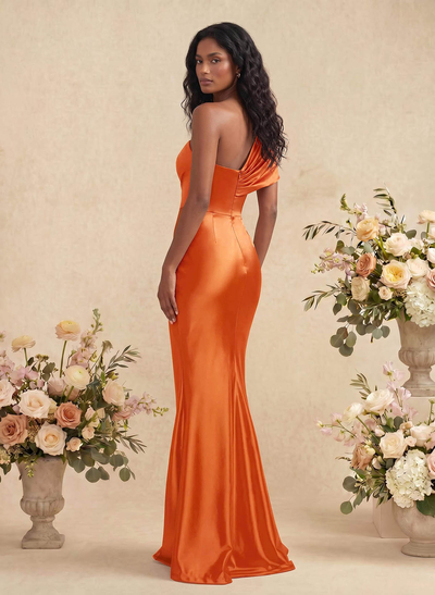 Sheath/Column Off-The-Shoulder Silk Like Satin Bridesmaid Dresses With High Split
