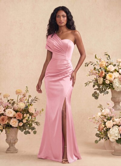 Sheath/Column Off-The-Shoulder Silk Like Satin Bridesmaid Dresses With High Split