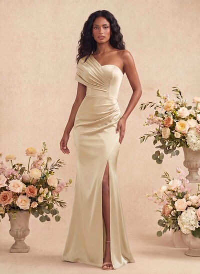 Sheath/Column Off-The-Shoulder Silk Like Satin Bridesmaid Dresses With High Split