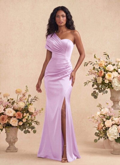 Off-the-Shoulder Silky Satin Column Bridesmaid Dresses with High Split