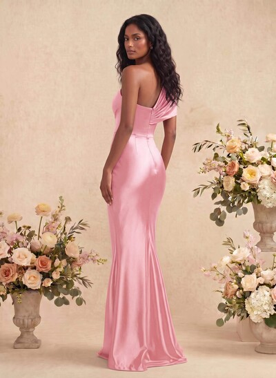 Sheath/Column Off-The-Shoulder Silk Like Satin Bridesmaid Dresses With High Split