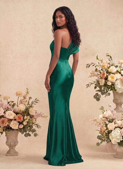 Sheath/Column Off-The-Shoulder Silk Like Satin Bridesmaid Dresses With High Split
