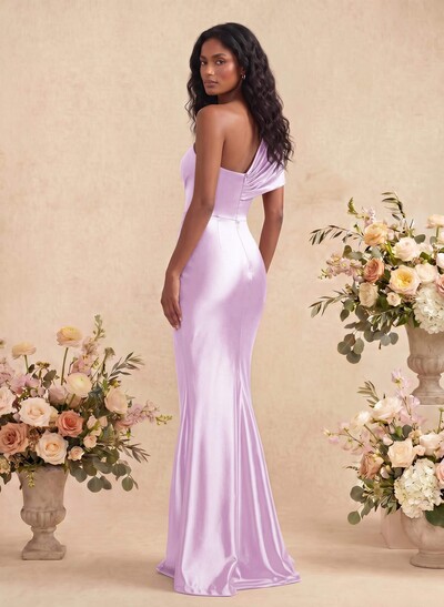 Off-the-Shoulder Silky Satin Column Bridesmaid Dresses with High Split