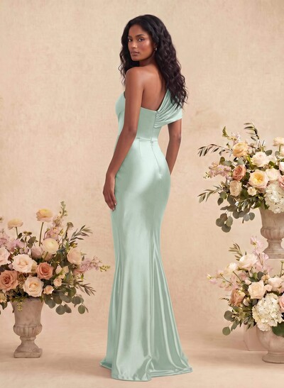 Sheath/Column Off-The-Shoulder Silk Like Satin Bridesmaid Dresses With High Split