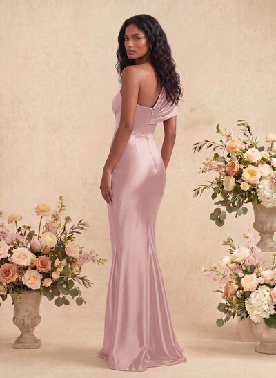 Sheath/Column Off-The-Shoulder Silk Like Satin Bridesmaid Dresses With High Split