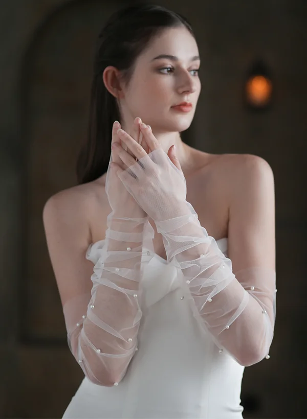 Fingerless Opera Length Tulle Bridal Glove With Pearl - Missacc