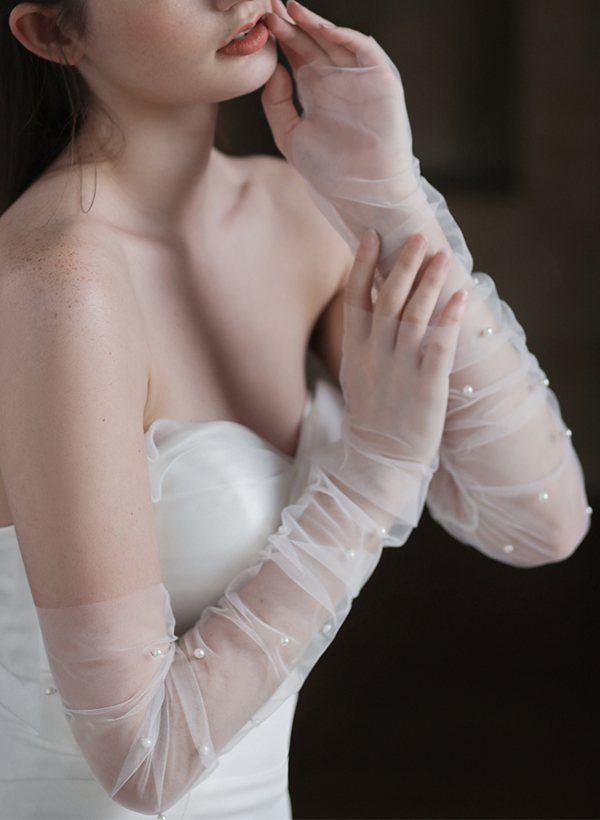 Fingerless Opera Length Tulle Bridal Glove With Pearl