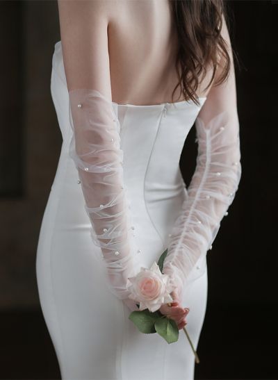 Fingerless Opera Length Tulle Bridal Glove With Pearl