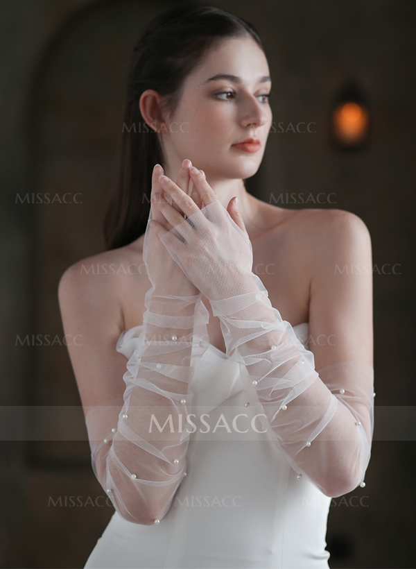 Fingerless Opera Length Tulle Bridal Glove With Pearl