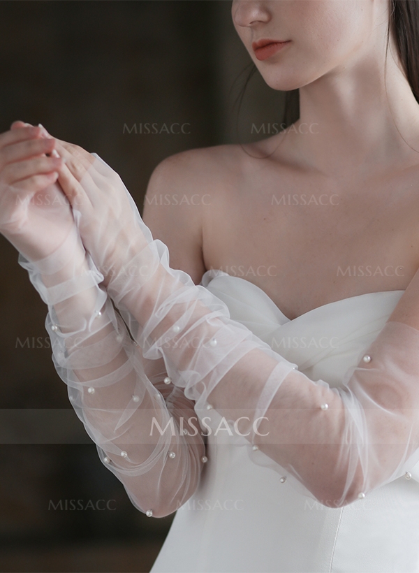 Fingerless Opera Length Tulle Bridal Glove With Pearl