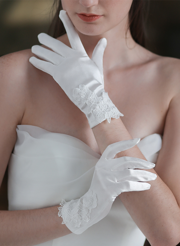 Fingertips Classic Length Satin Bridal Gloves With Lace
