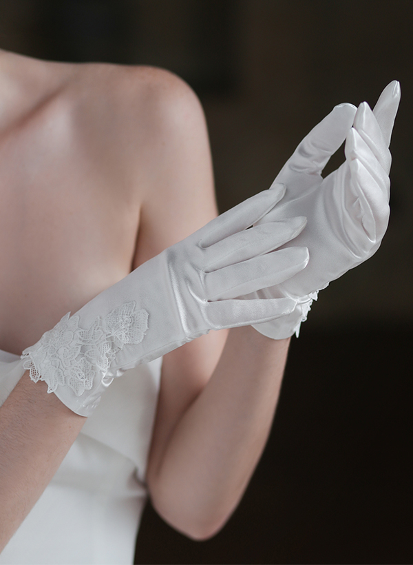 Fingertips Classic Length Satin Bridal Gloves With Lace
