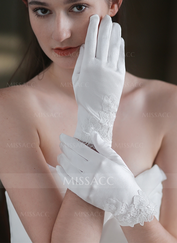 Fingertips Classic Length Satin Bridal Gloves With Lace