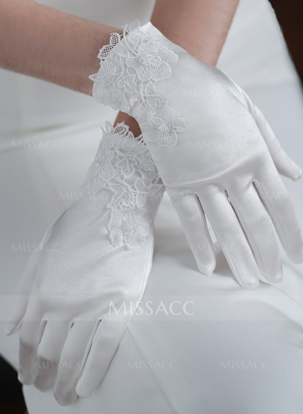 Fingertips Classic Length Satin Bridal Gloves With Lace