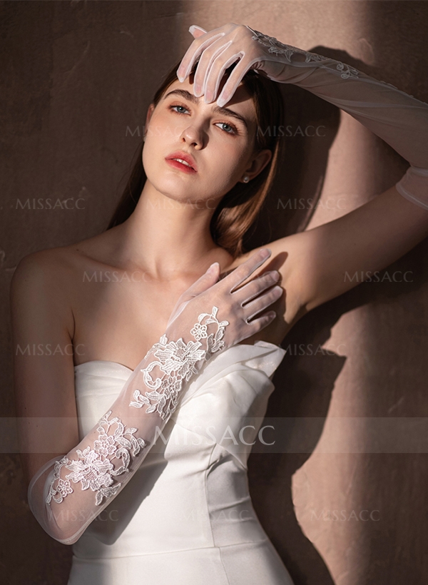 Fingertips Opera Length Tulle Bridal Gloves With Lace