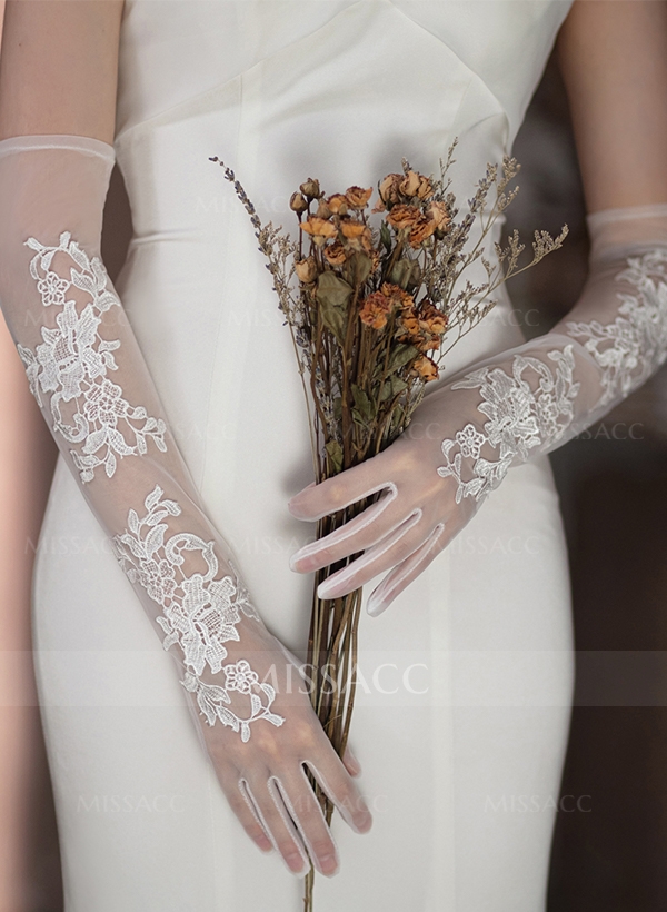 Fingertips Opera Length Tulle Bridal Gloves With Lace