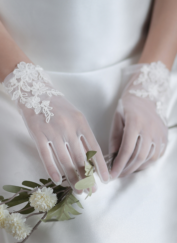 Fingertips Classic Length Tulle Bridal Gloves With Lace