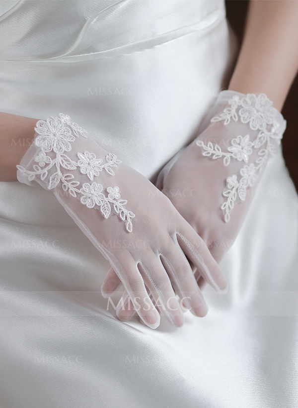 Fingertips Classic Length Tulle Bridal Gloves With Lace