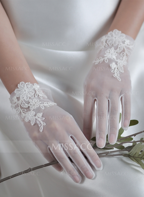 Fingertips Classic Length Tulle Bridal Gloves With Lace