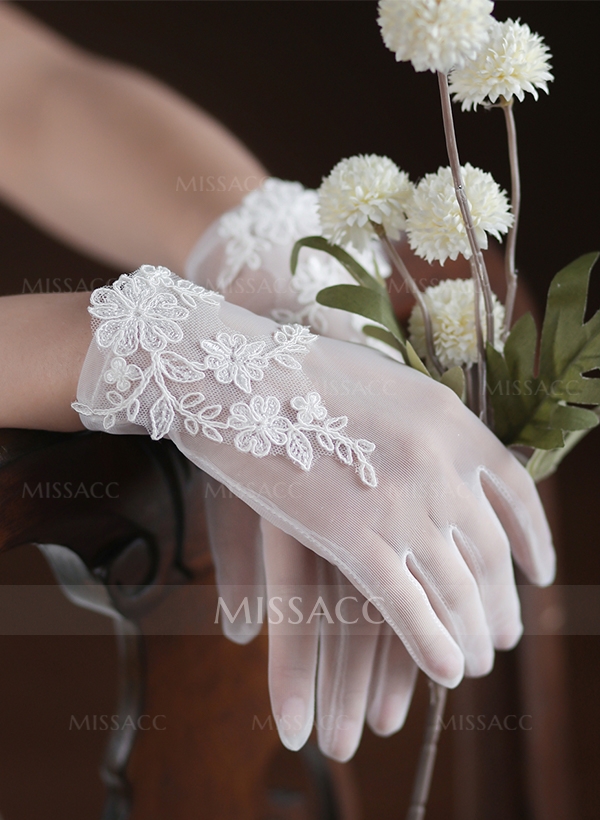 Fingertips Classic Length Tulle Bridal Gloves With Lace