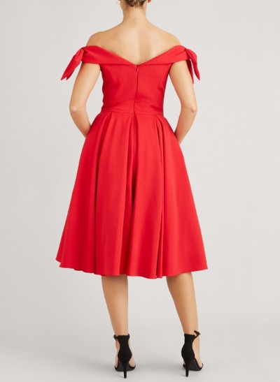 A-Line Off-The-Shoulder Sleeveless Elastic Satin Cocktail Dresses With Bow(s)/Pockets
