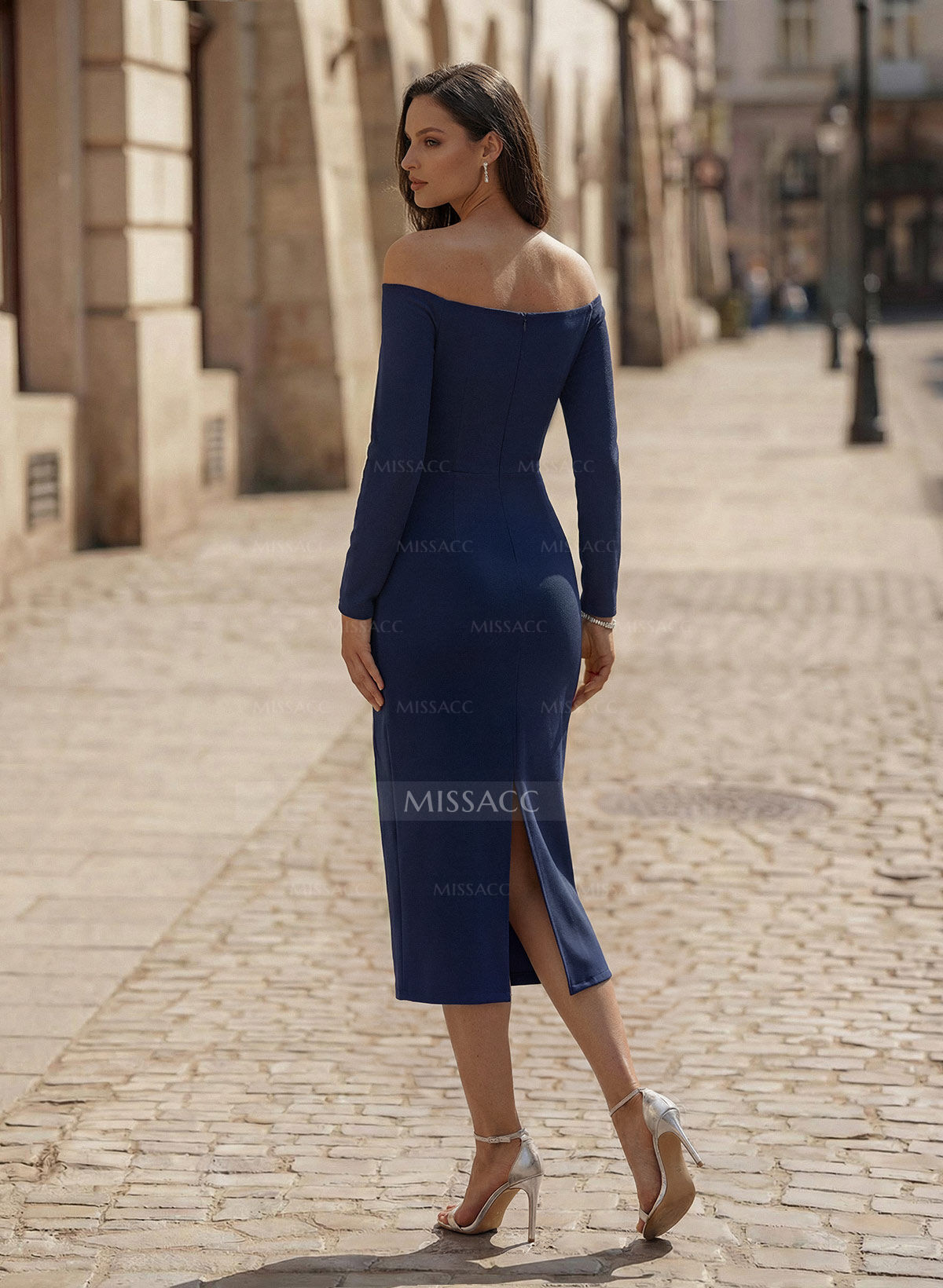 Sheath/Column Off-The-Shoulder Tea-Length Elastic Satin Cocktail Dresses