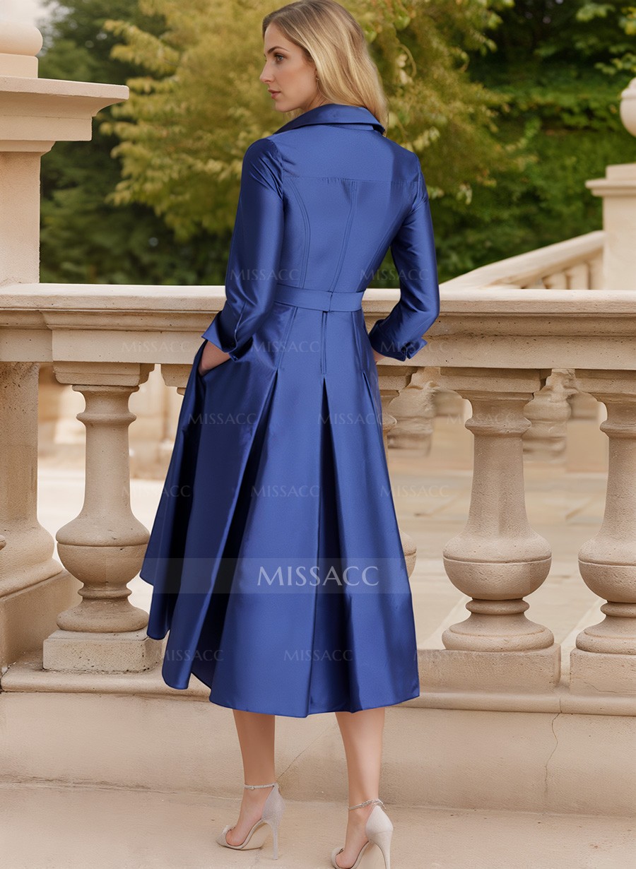 A-Line V-Neck Long Sleeves Tea-Length Satin Cocktail Dresses With Pockets