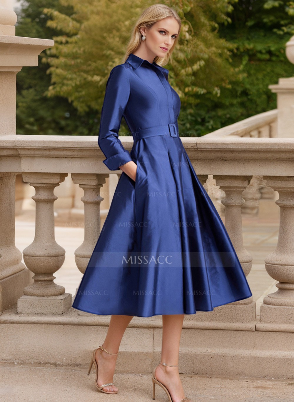 A-Line V-Neck Long Sleeves Tea-Length Satin Cocktail Dresses With Pockets