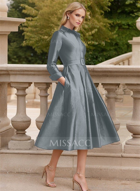 Long Sleeve Gray Tea Length Formal Dress A-Line V-Neck Long