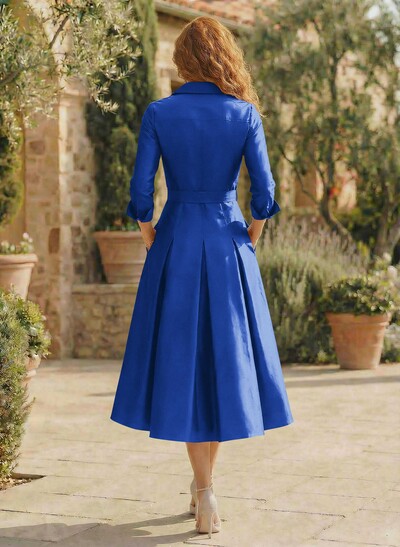 A-Line V-Neck Long Sleeves Tea-Length Satin Cocktail Dresses With Pockets