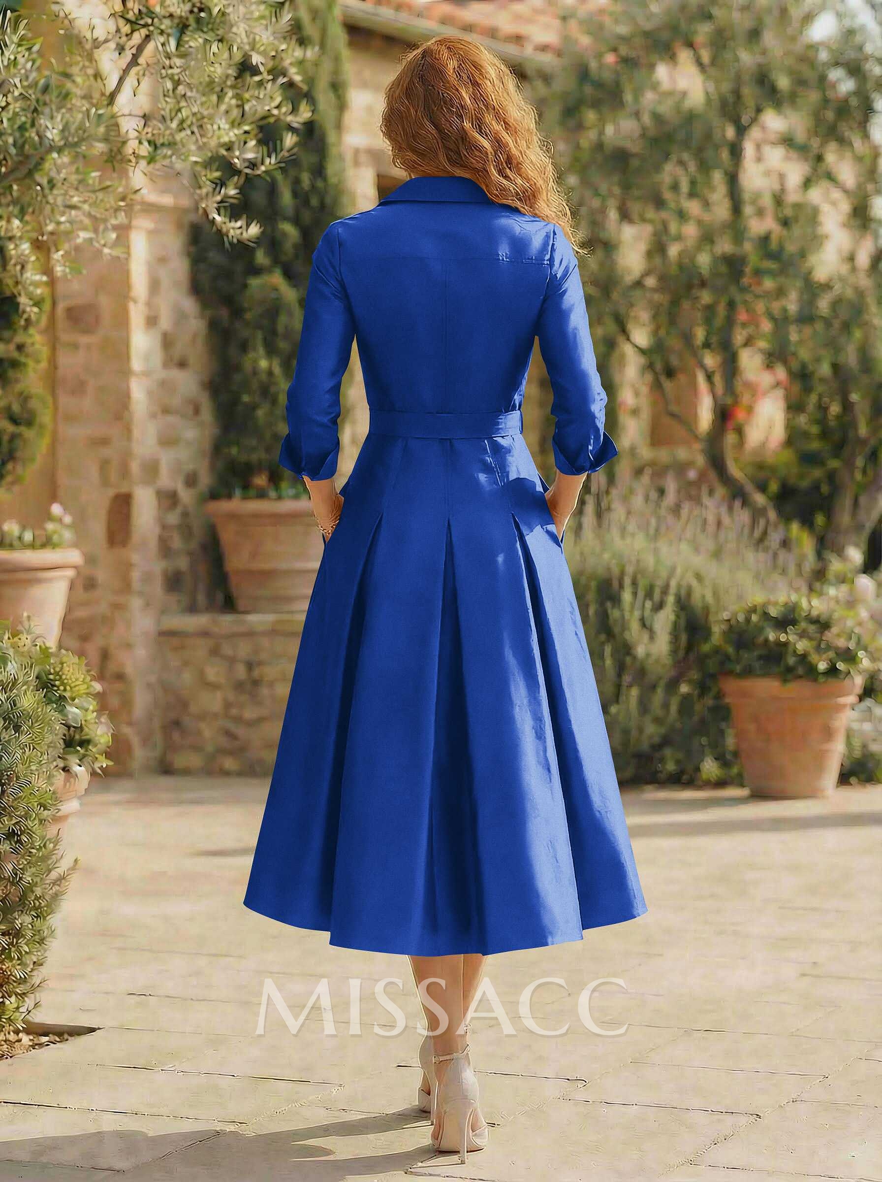 A-Line V-Neck Long Sleeves Tea-Length Satin Cocktail Dresses With Pockets A-Line V-Neck Long Sleeves Tea-Length Satin Cocktail Dresses With Pockets