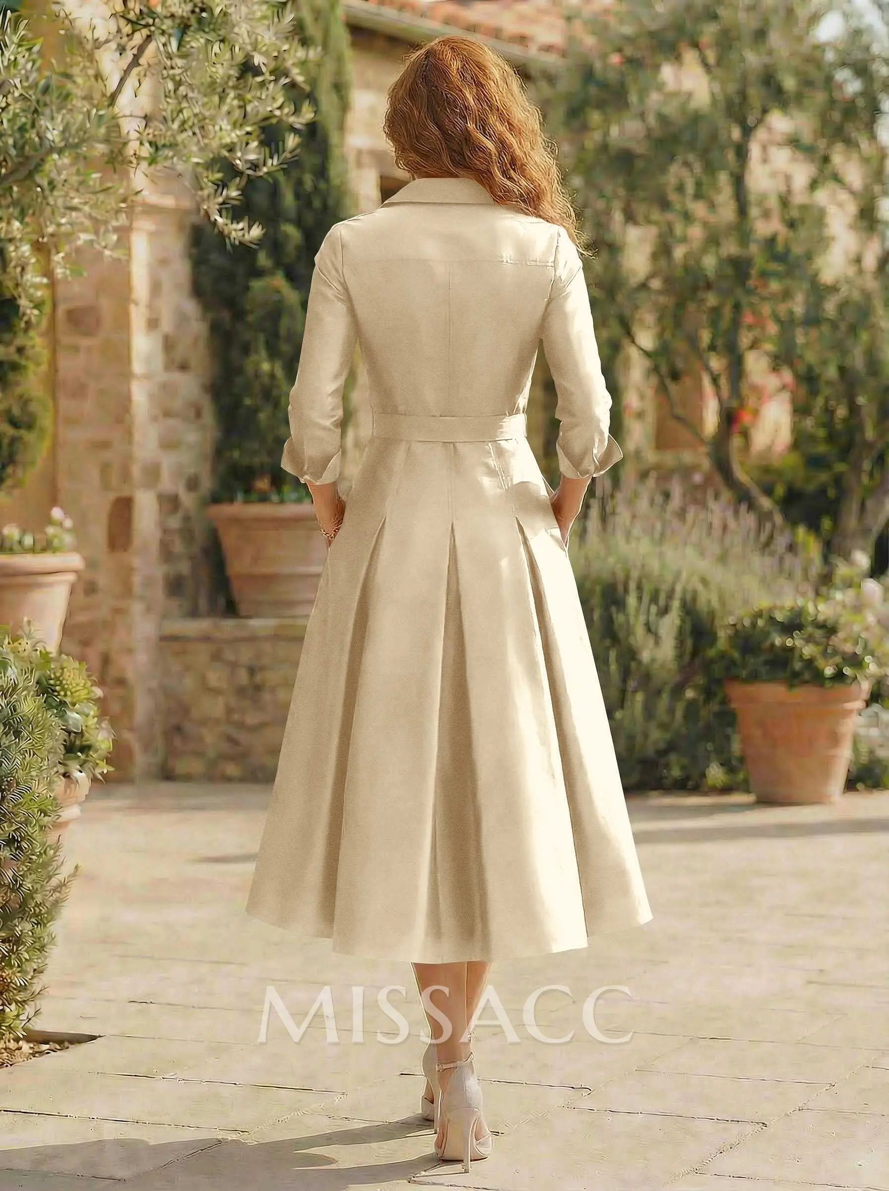 A-Line V-Neck Long Sleeves Tea-Length Satin Cocktail Dresses With