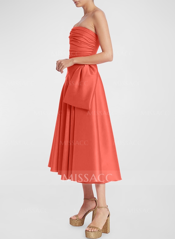 A-Line Strapless Sleeveless Tea-Length Satin Cocktail Dresses