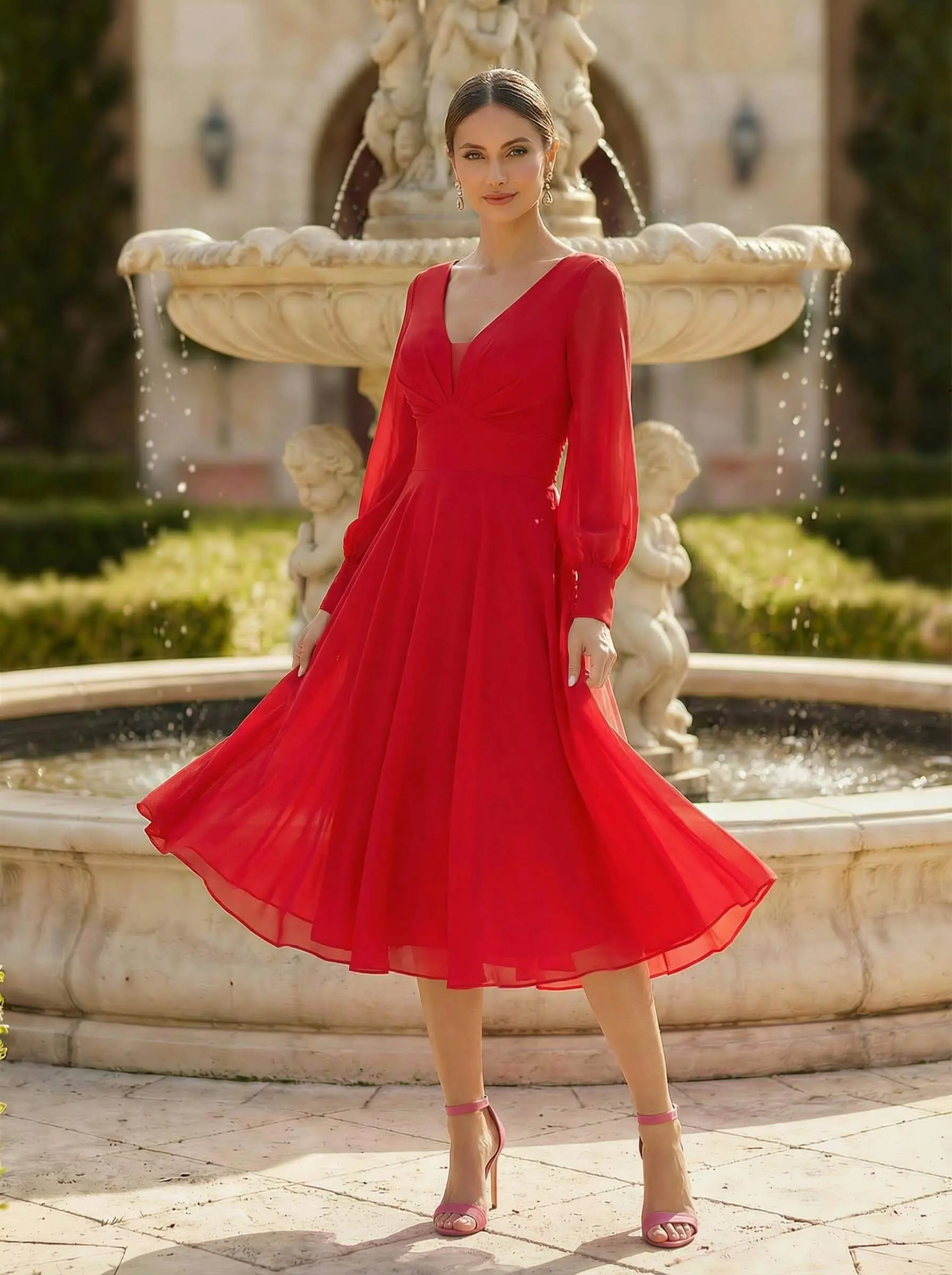 A-Line V-Neck Long Sleeves Knee-Length Chiffon Cocktail Dresses #SCD10419 $120