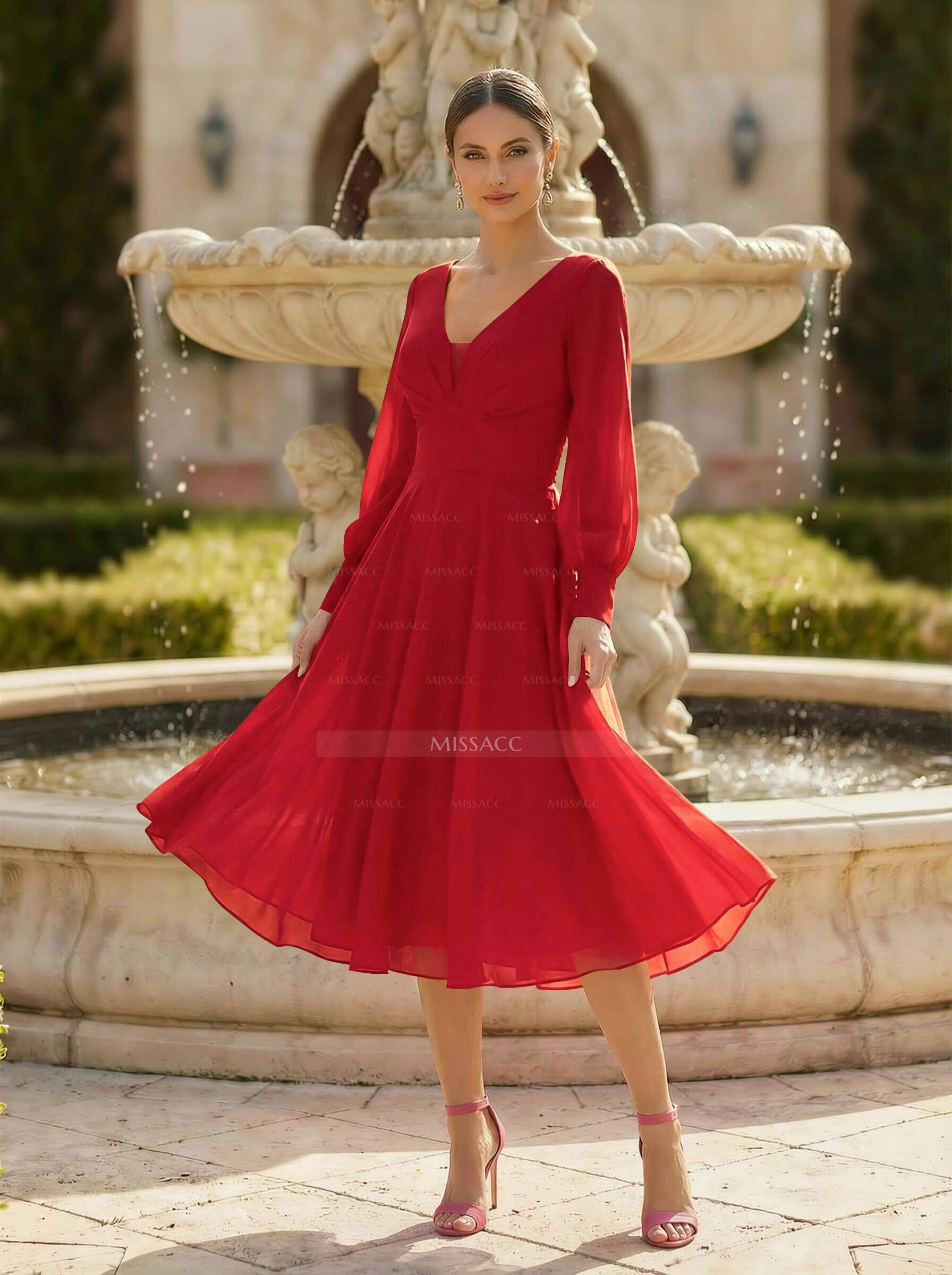 A-Line V-Neck Long Sleeves Knee-Length Chiffon Cocktail Dresses