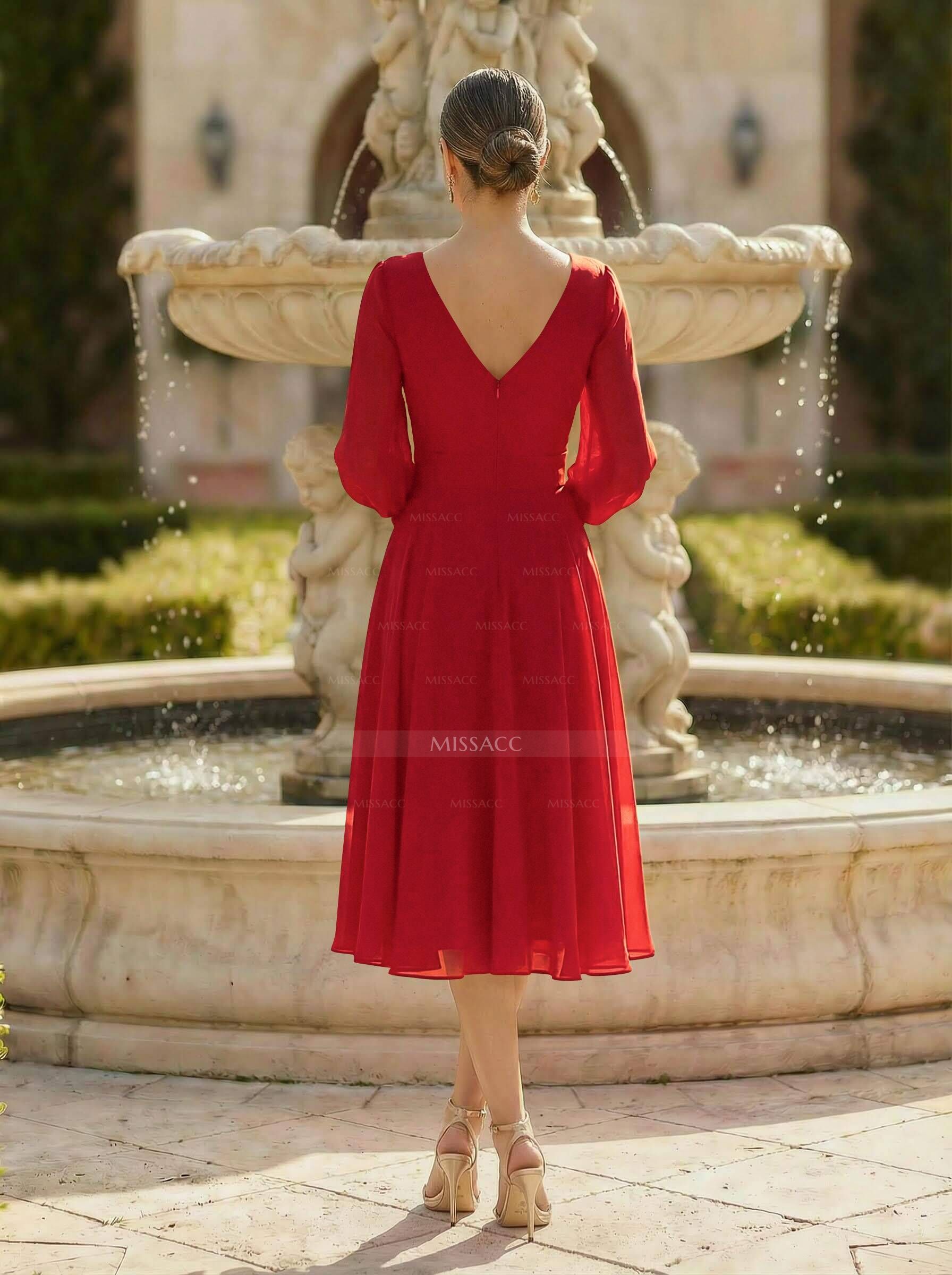 A-Line V-Neck Long Sleeves Knee-Length Chiffon Cocktail Dresses