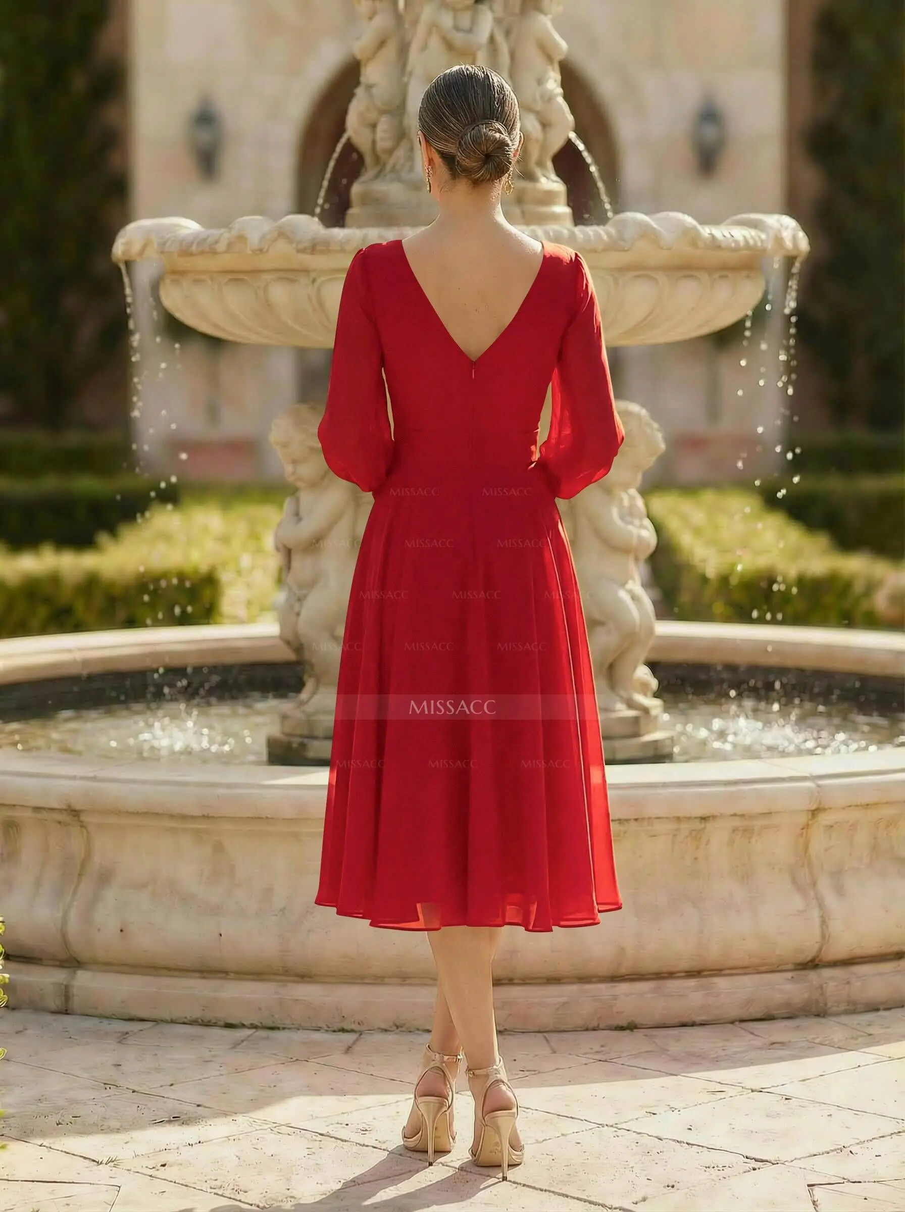 A-Line V-Neck Long Sleeves Knee-Length Chiffon Cocktail Dresses - Missacc