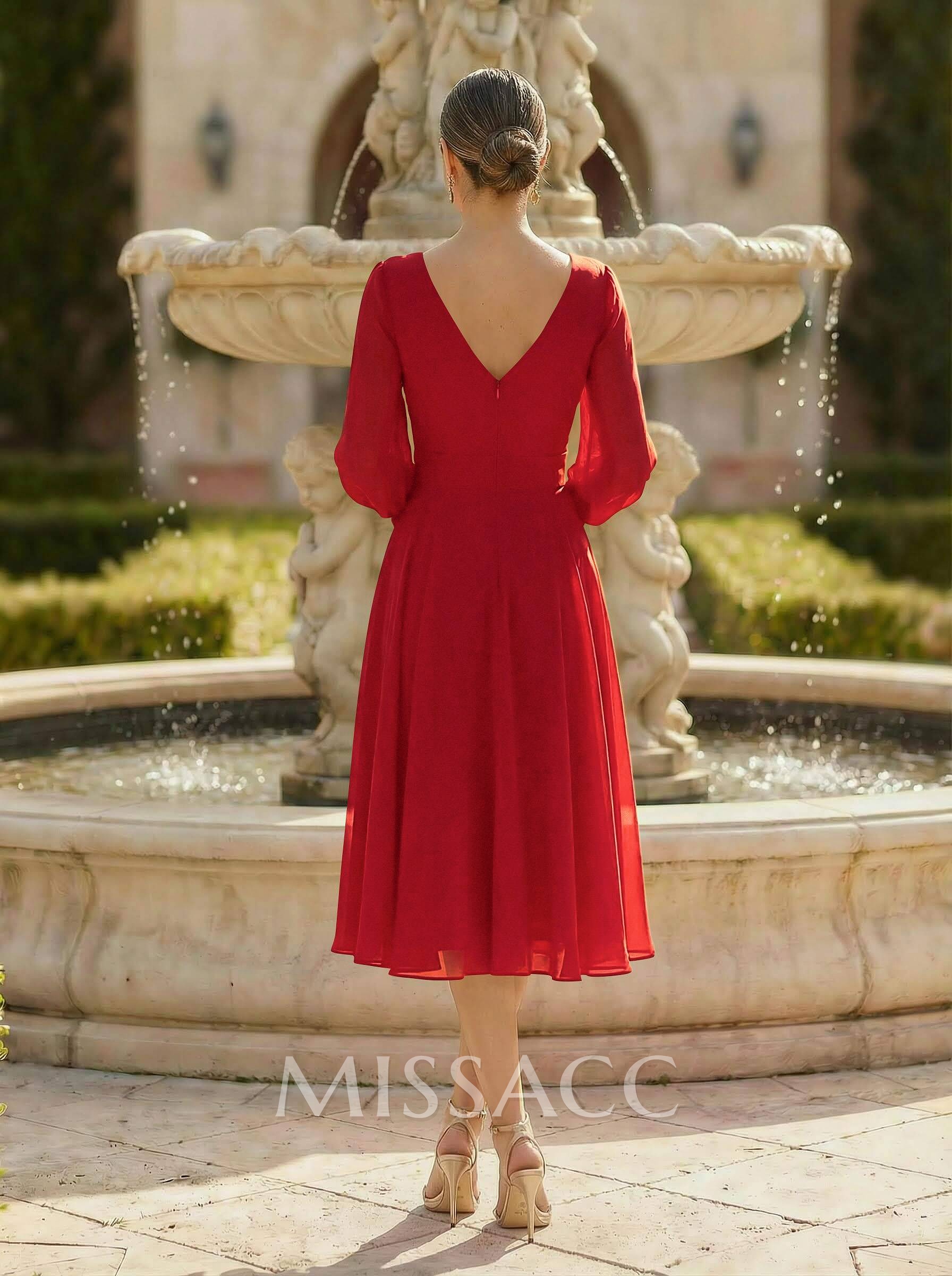 A-Line V-Neck Long Sleeves Knee-Length Chiffon Cocktail Dresses A-Line V-Neck Long Sleeves Knee-Length Chiffon Cocktail Dresses
