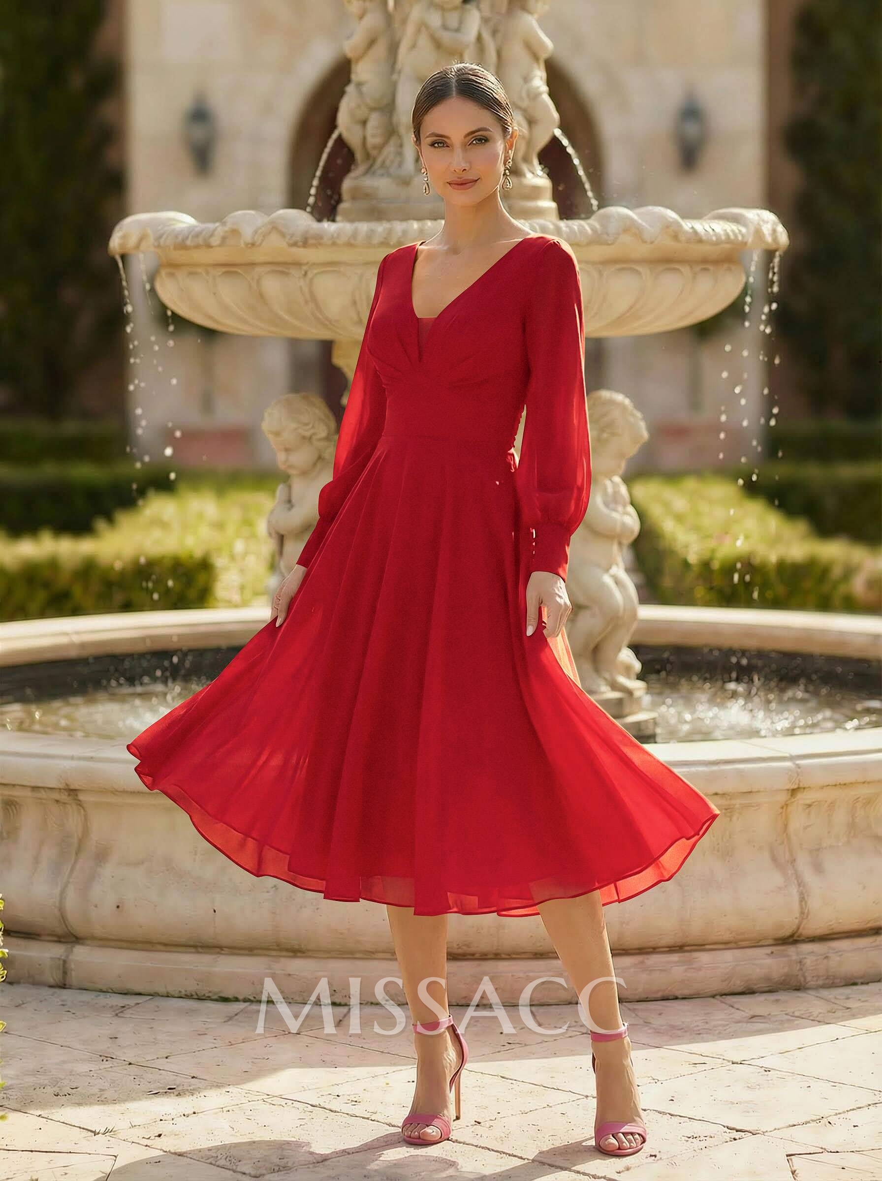A-Line V-Neck Long Sleeves Knee-Length Chiffon Cocktail Dresses A-Line V-Neck Long Sleeves Knee-Length Chiffon Cocktail Dresses