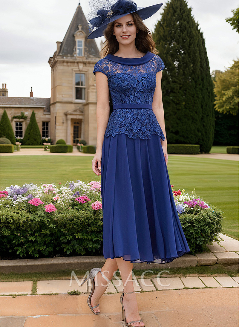 A-Line Scoop Neck Short Sleeves Tea-Length Chiffon/Lace Cocktail Dresses With Lace
