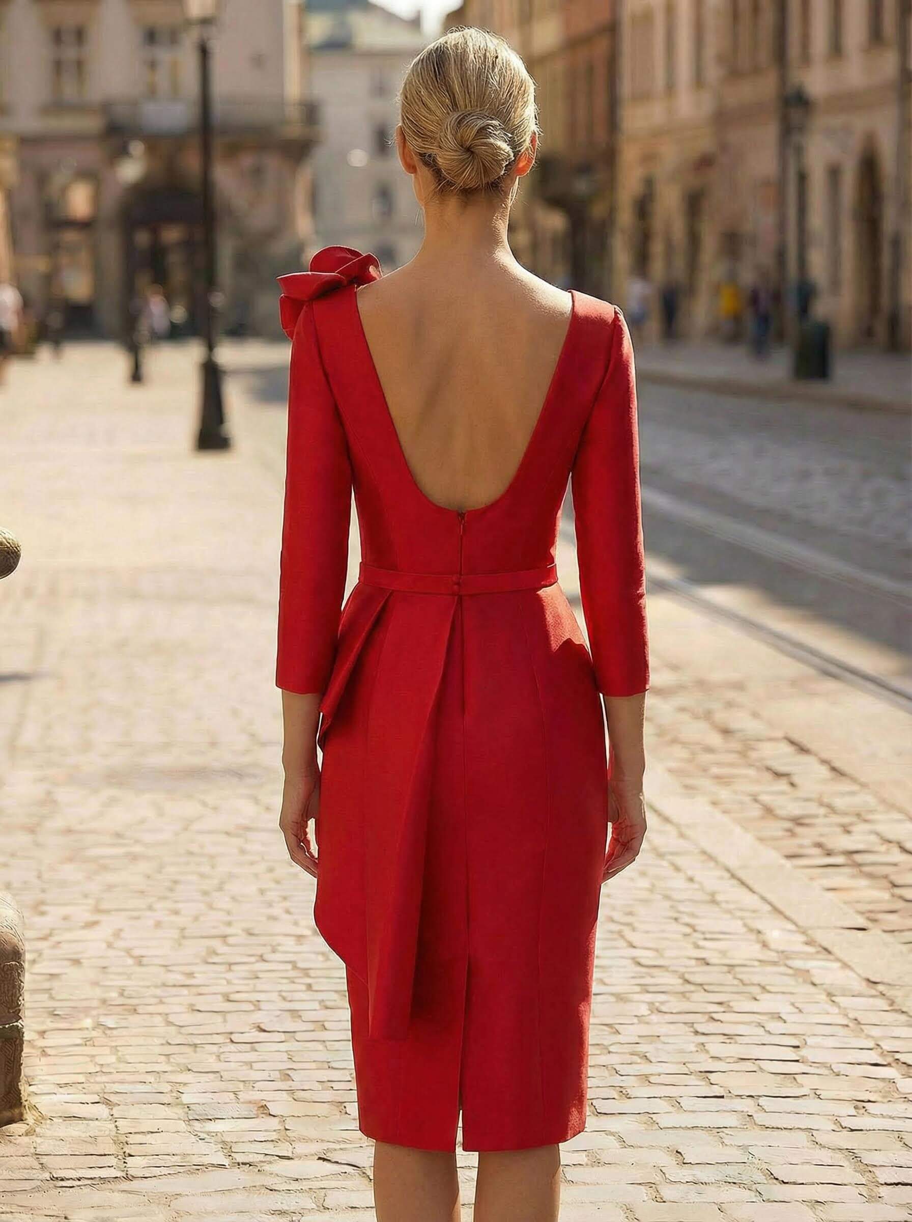 Sheath/Column V-Neck 3/4 Sleeves Satin Cocktail Dresses With Flower(s)