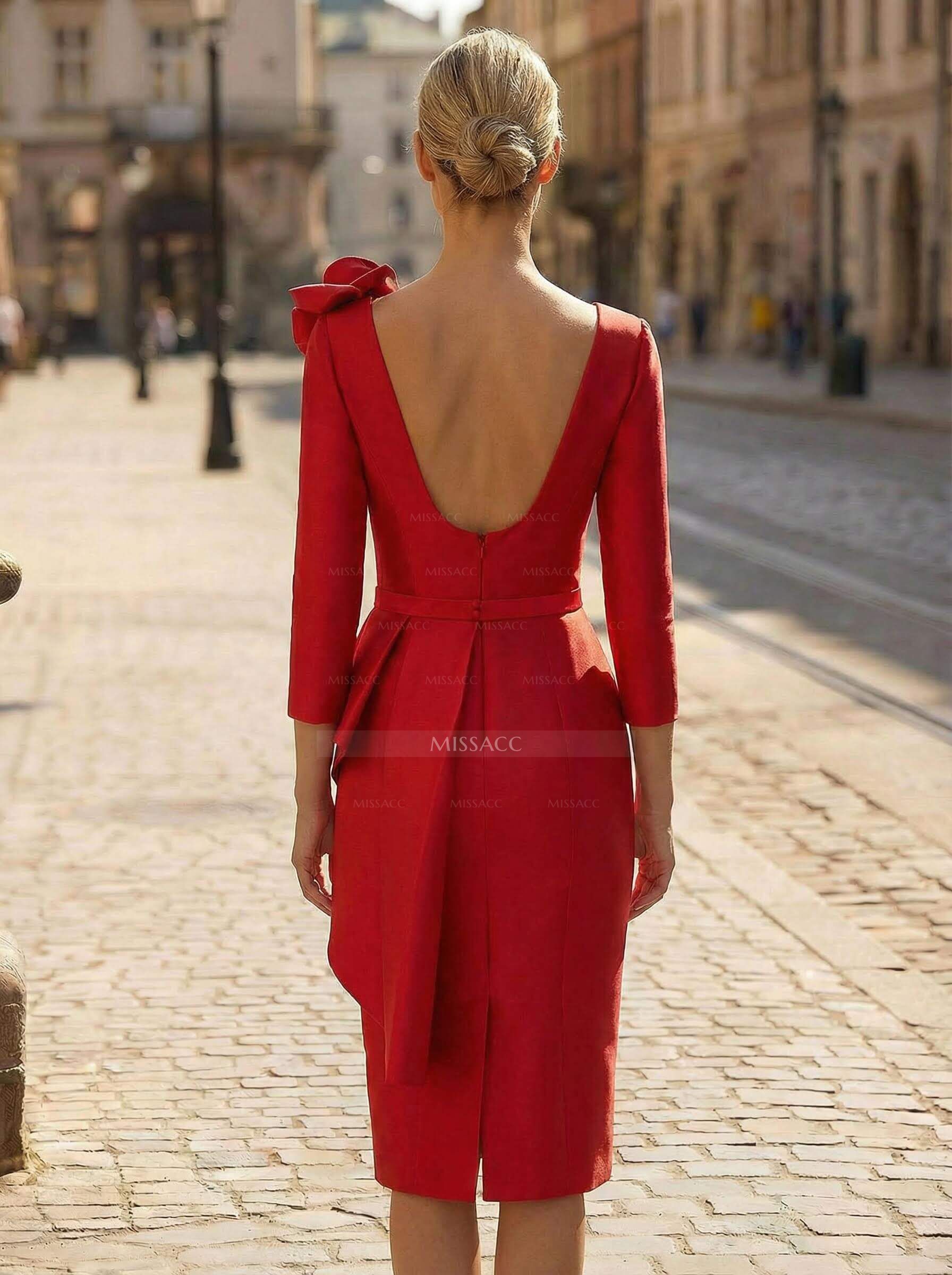 Sheath/Column V-Neck 3/4 Sleeves Satin Cocktail Dresses With Flower(s)