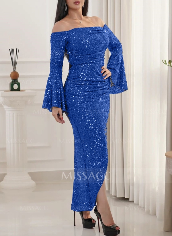 Sheath/Column Off-The-Shoulder Long Sleeves Sequined Cocktail Dresses