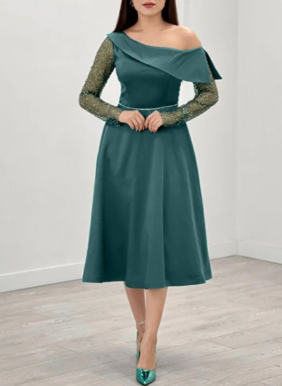 A-Line Asymmetrical Long Sleeves Satin Cocktail Dresses With Sequins