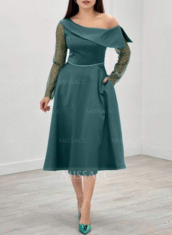 A-Line Asymmetrical Long Sleeves Satin Cocktail Dresses With Sequins