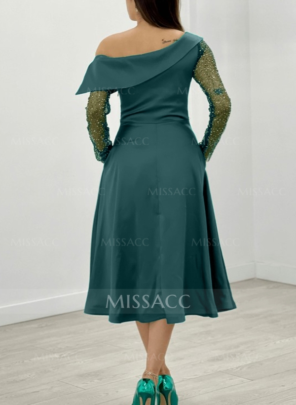 A-Line Asymmetrical Long Sleeves Satin Cocktail Dresses With Sequins