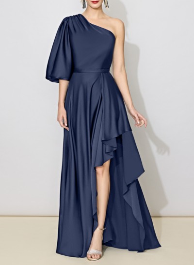 A-Line One-Shoulder 1/2 Sleeves Silk Like Satin Evening Dresses With High Split